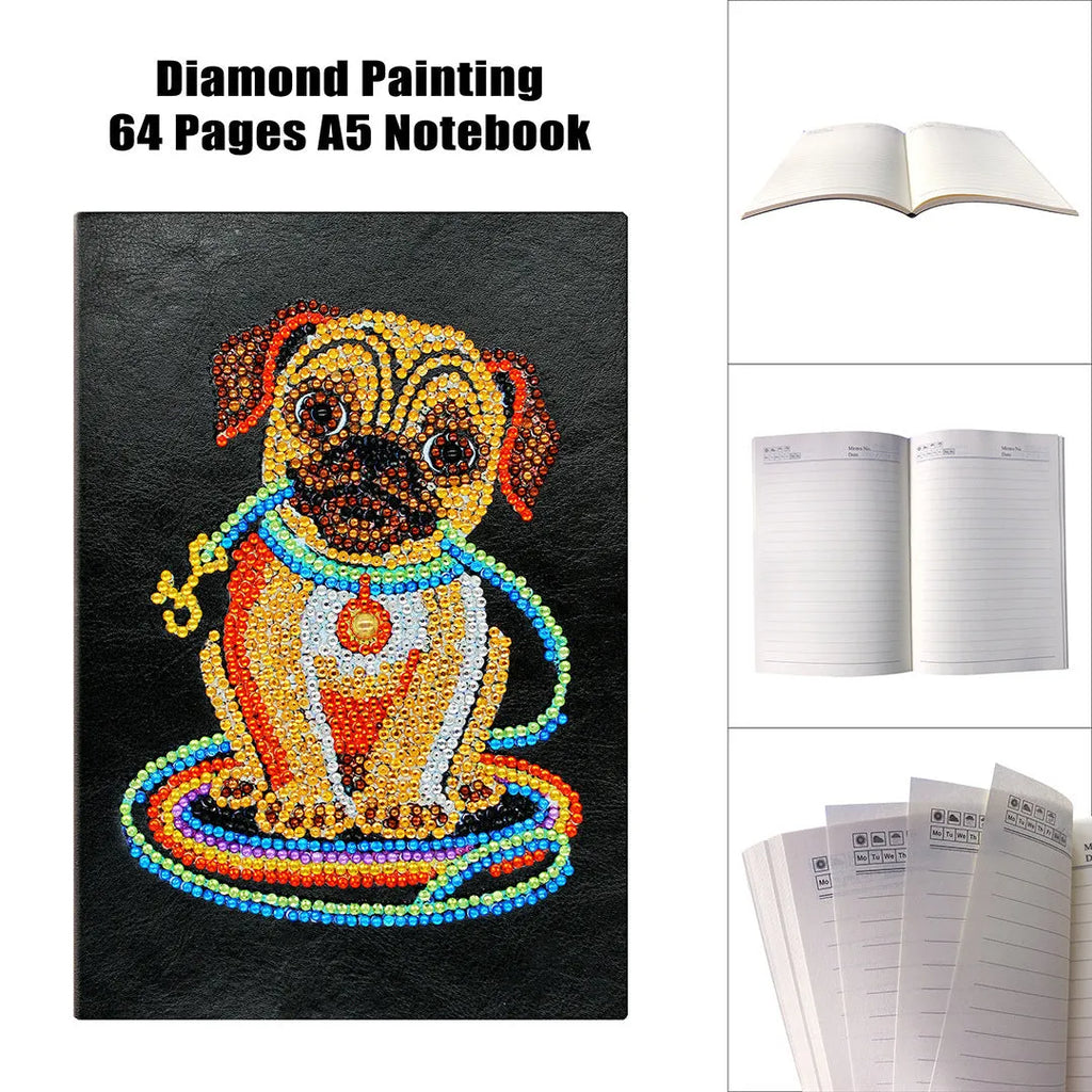 Black A5 hardback diamond painting notebook showing closed cover and spine.