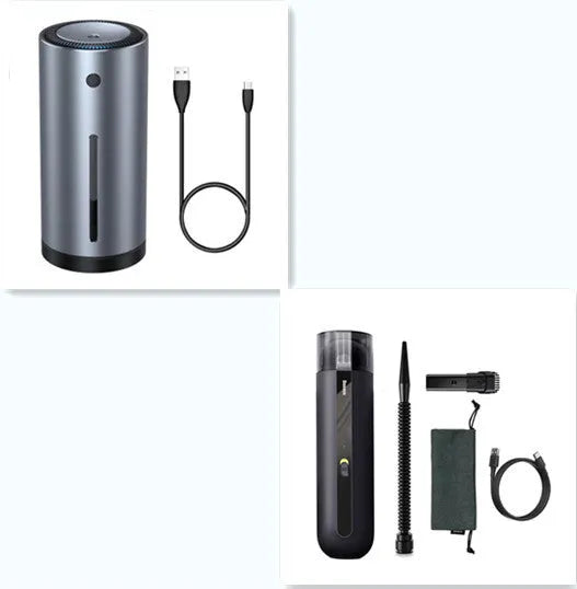 Wireless handheld car vacuum cleaner with blowing hose and HEPA filter.