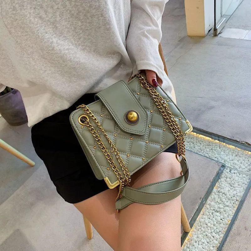 Women's PU ringer chain shoulder bag in tea green, compact 20x15x8cm size, adjustable chain strap