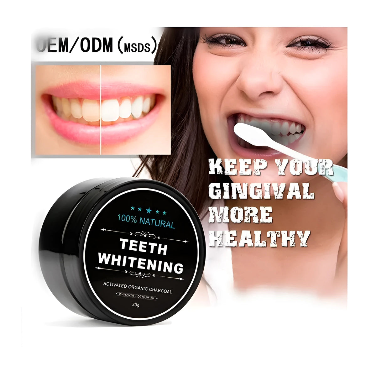 30g black activated coconut charcoal teeth whitening powder in jar