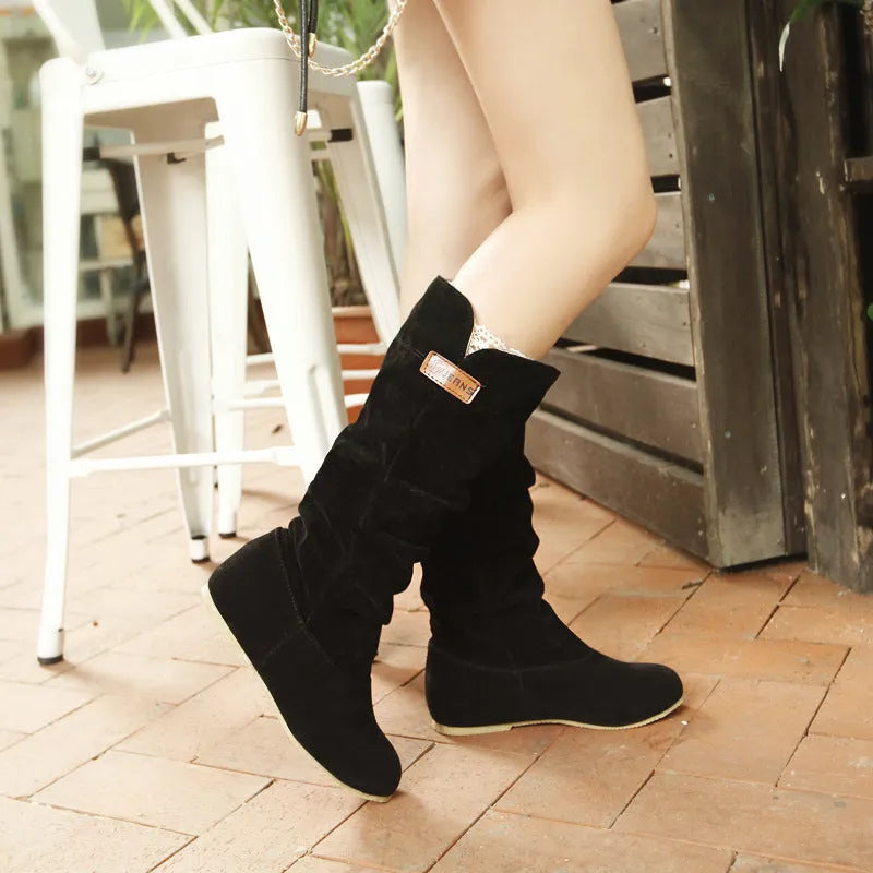 Women suede mid-calf flat boots in brown with cushioned insole and non-slip rubber sole