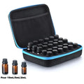 Red EVA essential oil storage bag with 30 clear compartments, shown with bottles, featuring a zip and wall mount.