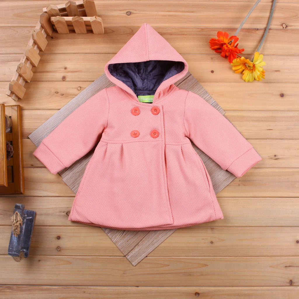 Girls' hooded winter coat in pink, purple or shrimp pink, sizes 80cm to 100cm with size chart.