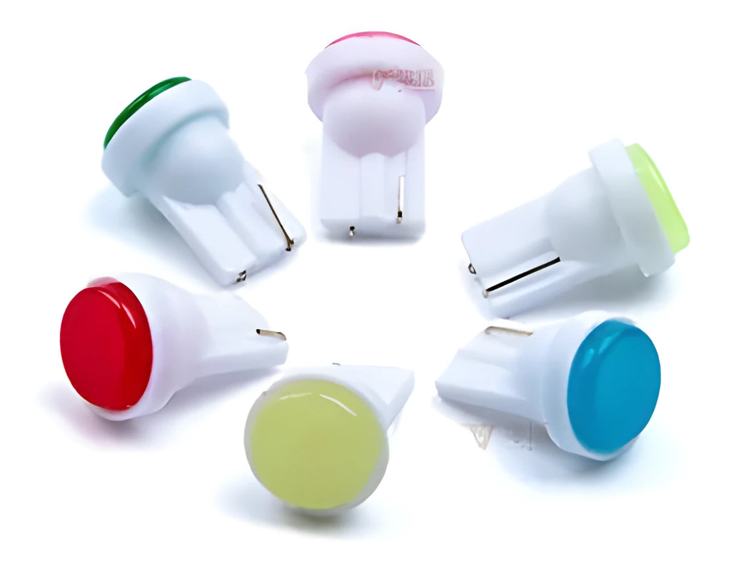T10 12V car LED interior light bulb with 3D COB chip shown in multiple colour options