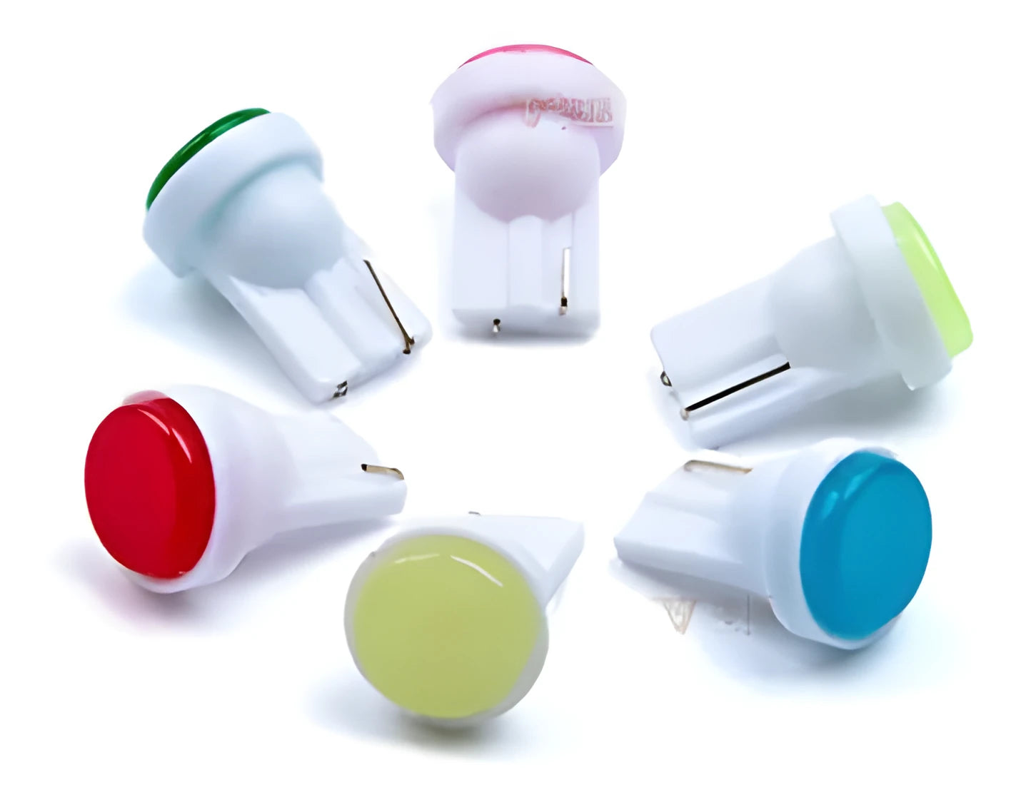 T10 12V car LED interior light bulb with 3D COB chip shown in multiple colour options