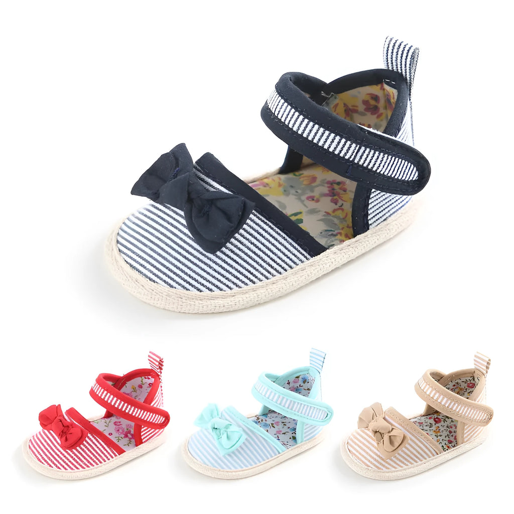 Baby girl cotton cloth soft sole sandals with plaid pattern and car suture design, Velcro fastening, available in yellow red blue black