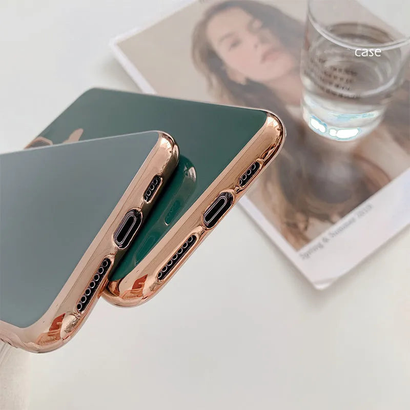 Solid colour TPU back cover phone case for iPhone, shown in blue, claret, pink, or green.