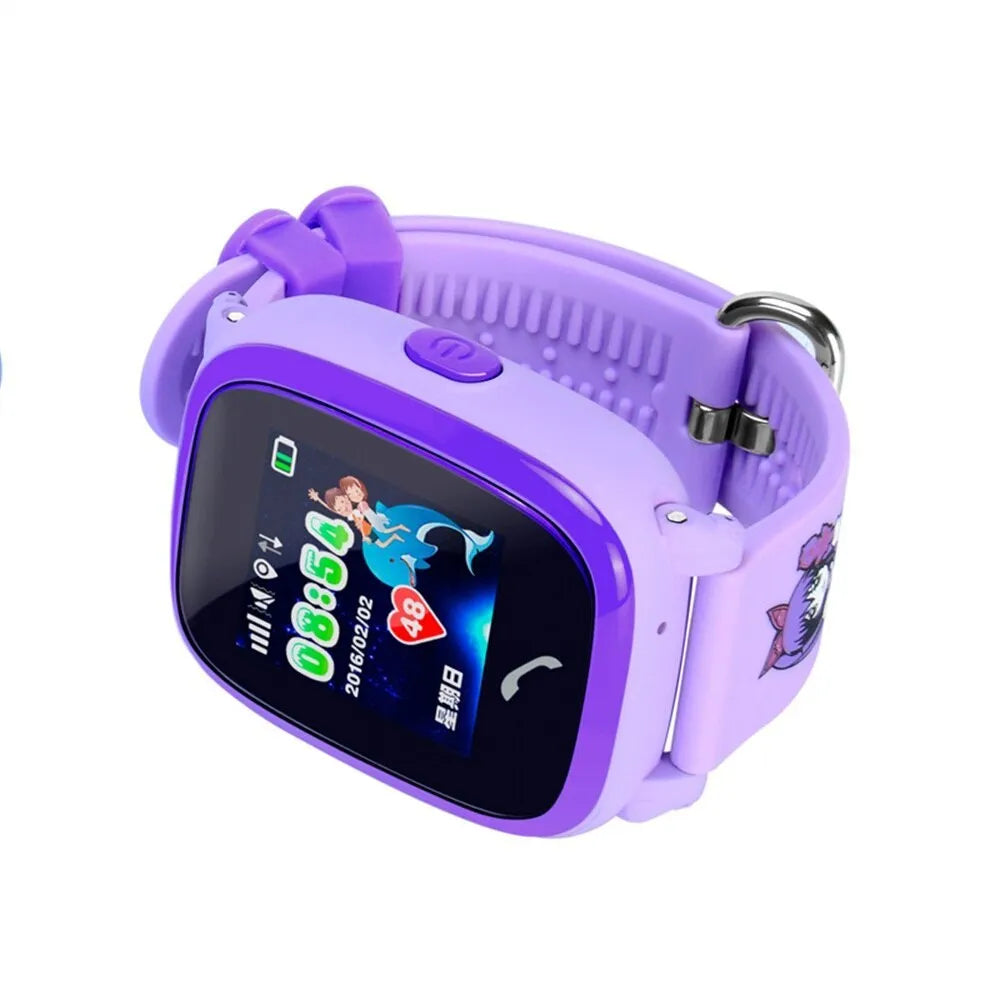 Blue children's waterproof smart watch with touch screen showing SOS call function