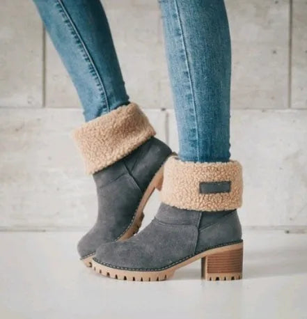 Women's thick-soled suede snow boots with mid-tube height and round toe