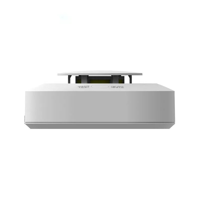 White wireless smoke detector fire alarm with 433MHz transmission, 80dB alarm sound, and DC9V 9V battery power