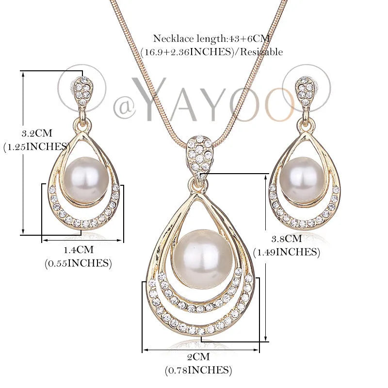 Simulated pearl necklace and earrings set for women in Gold or Silvery with waterdrop design
