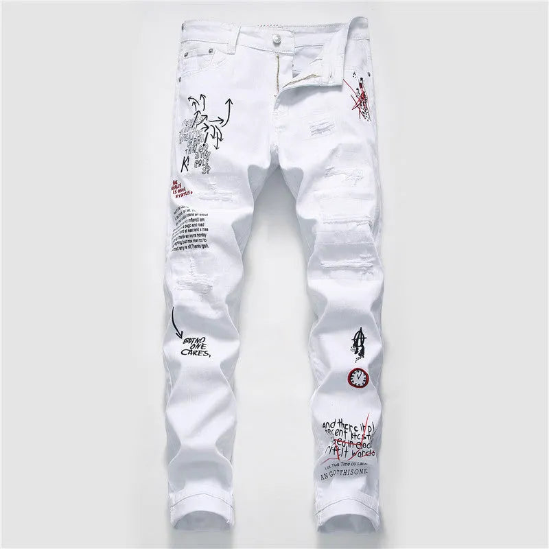 White shredded embroidery jeans in cotton denim, sizes 29-38, with ripped and embroidered details.