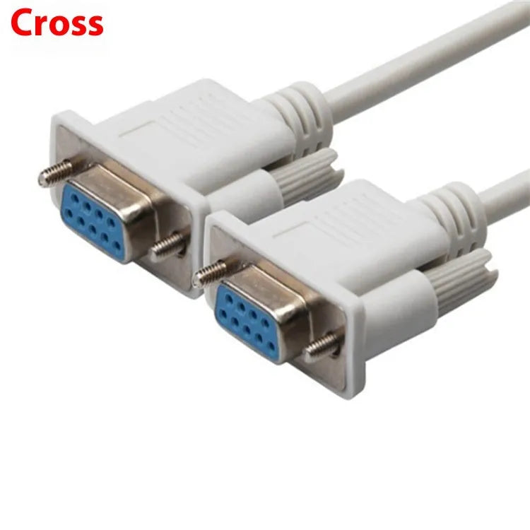 Close-up of a milky white RS232 serial cable with two female DB9 connectors.