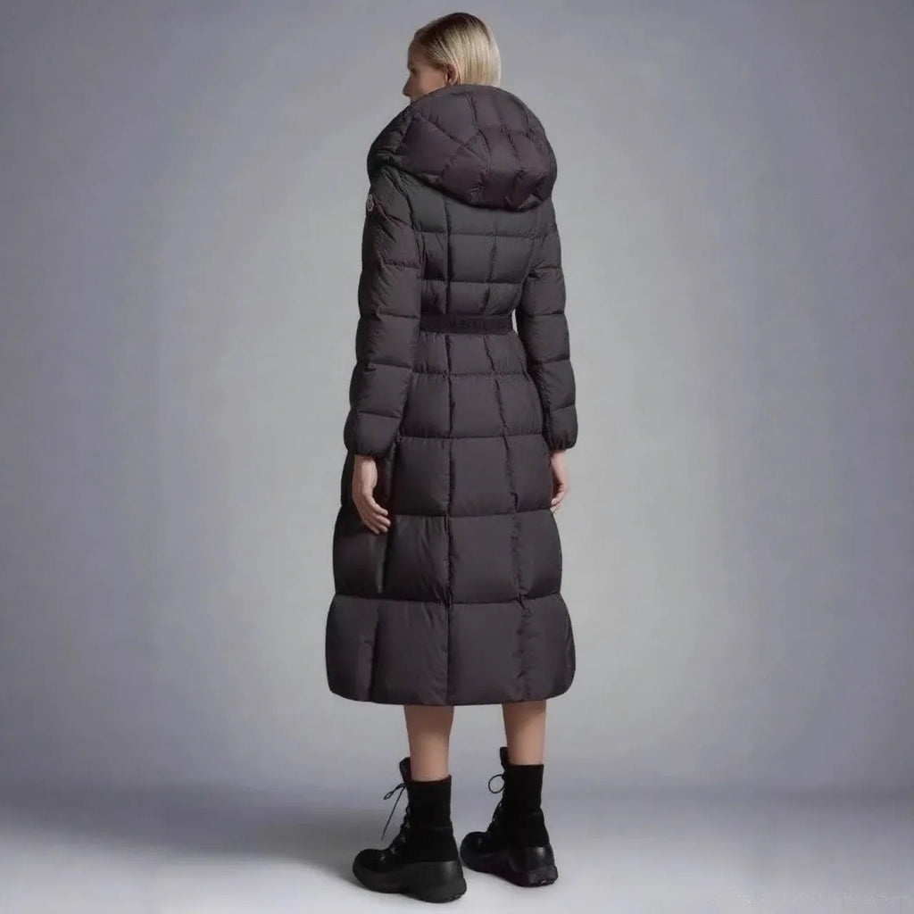 Long casual hooded warm white duck down jacket for women in black, medium length 65cm