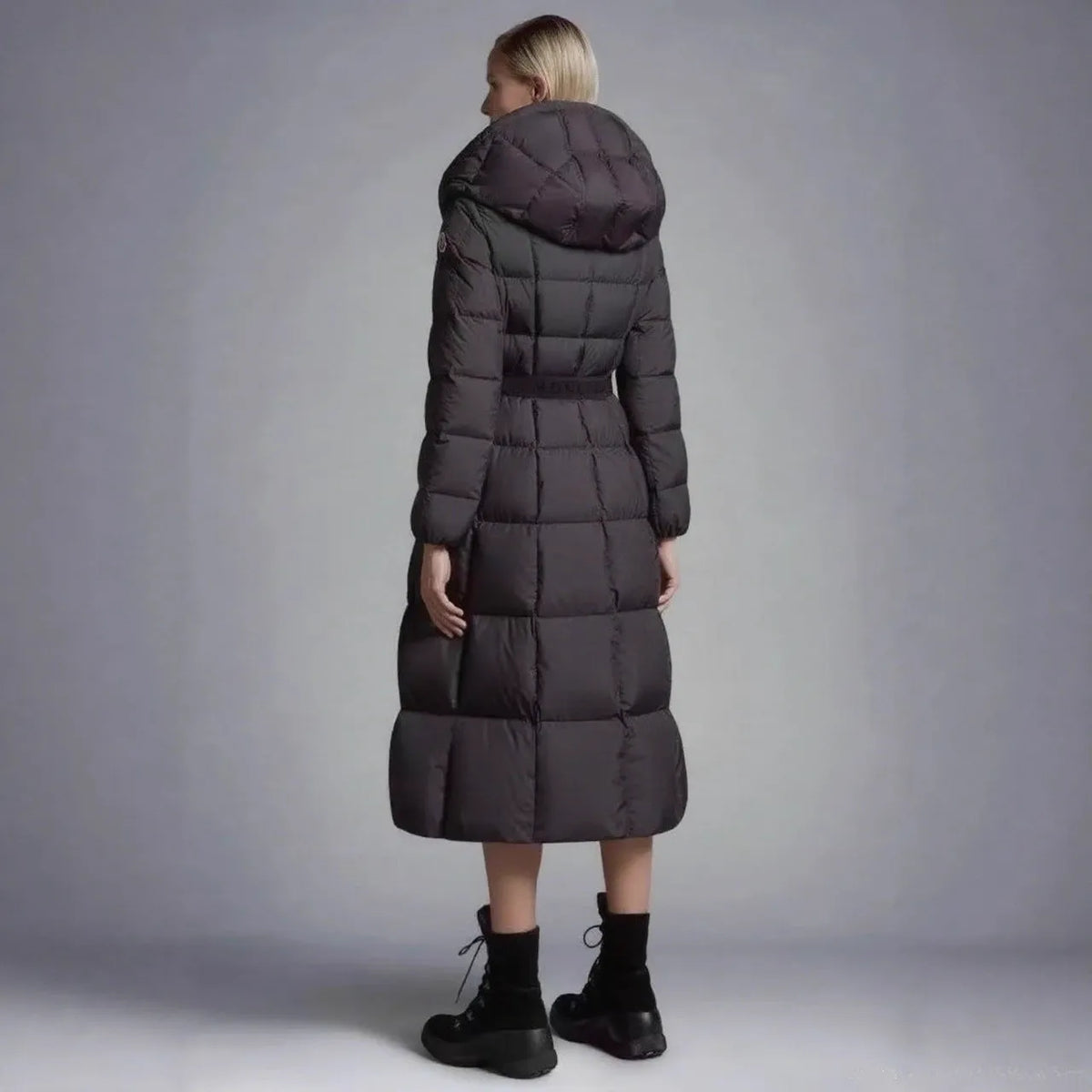 Long casual hooded warm white duck down jacket for women in black, medium length 65cm