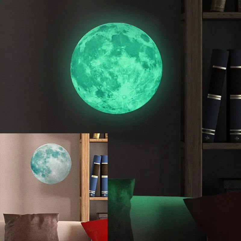 30cm green fluorescent moon wall sticker with super bright glitter finish on a bedroom wall