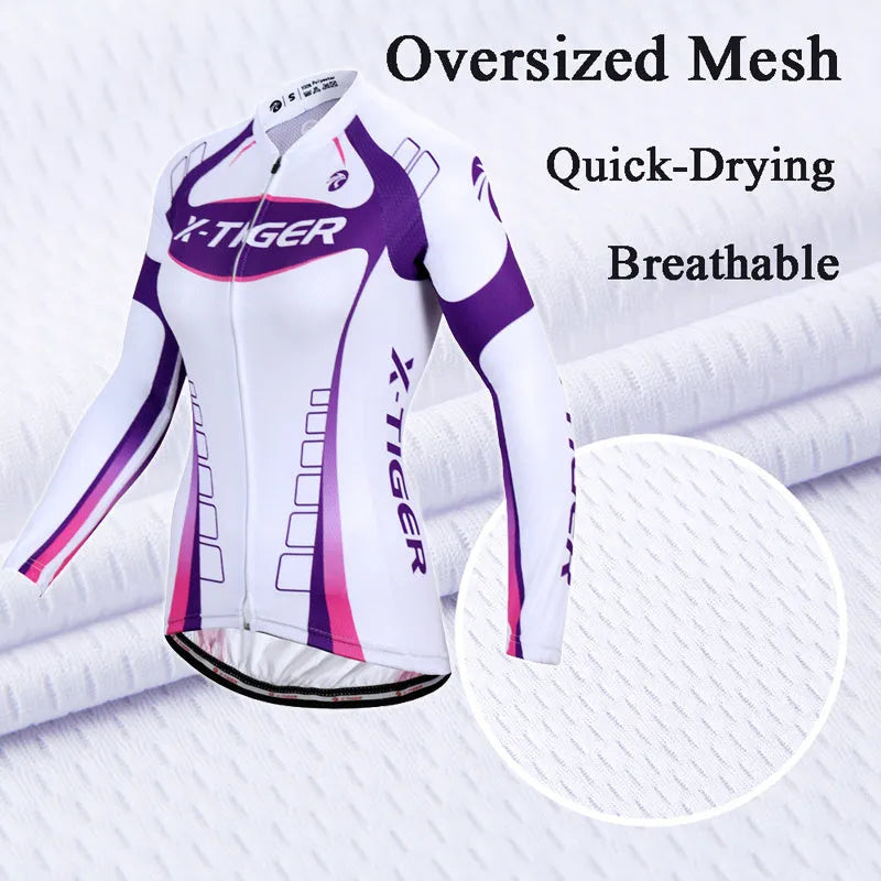 Women's long-sleeve cycling jersey suit in white and purple with full zipper and gel pad