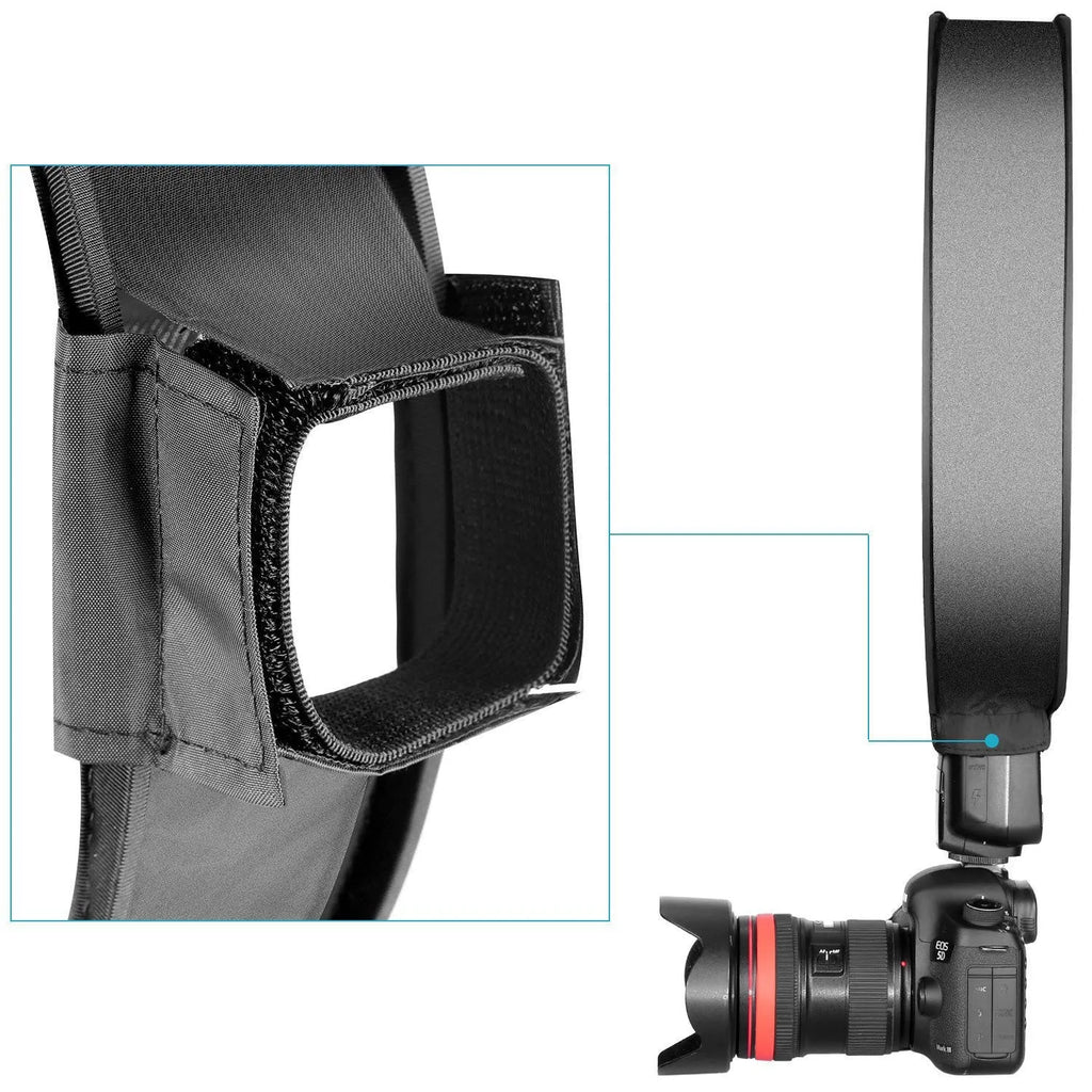 On-camera flash ring soft diffuser in 30cm or 40cm size with reflective material and alloy strip construction