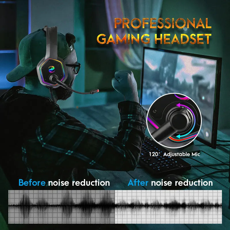 Black gaming headset with 3D surround sound, noise cancelling microphone, 50mm driver, and colourful lights.