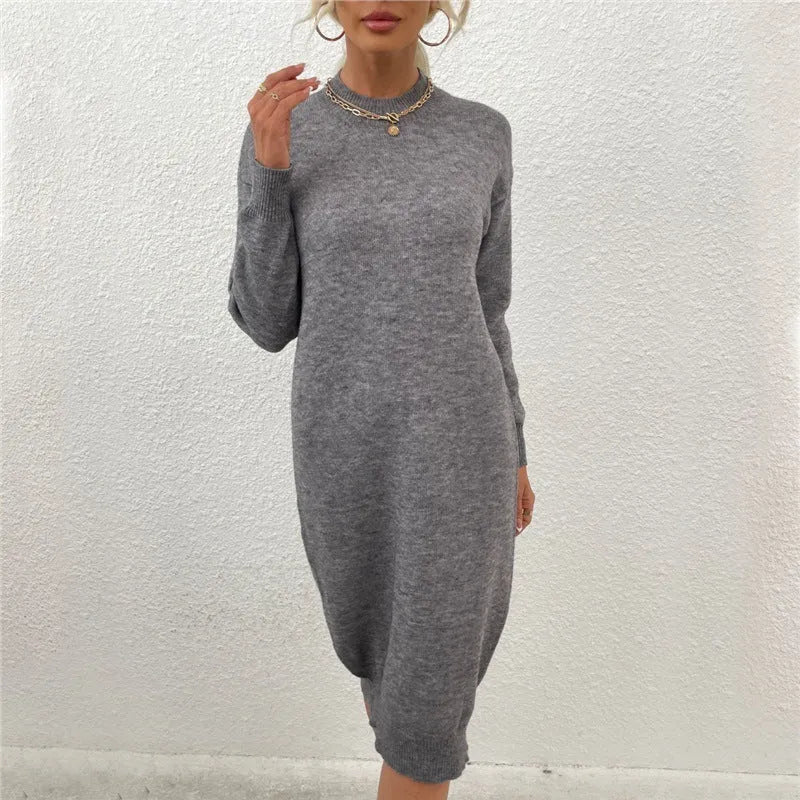 Grey women's crew neck acrylic sweater with long sleeves and pullover design