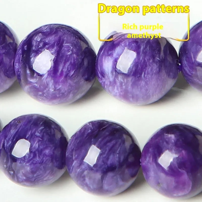 Natural transparent charoite crystal bracelet with platinum setting, showing bead size options.
