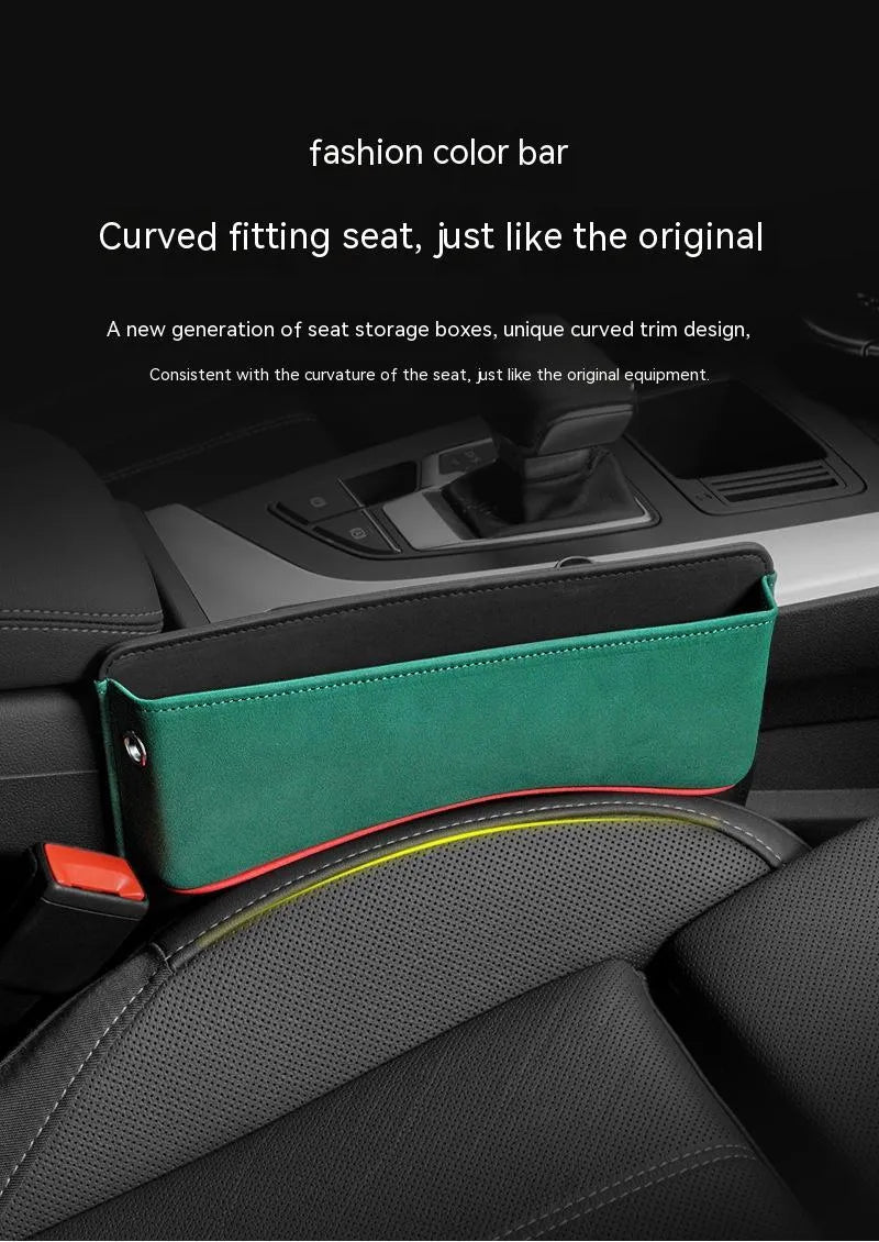 Leather car seat storage organiser box shown in a beige suede colour finish.