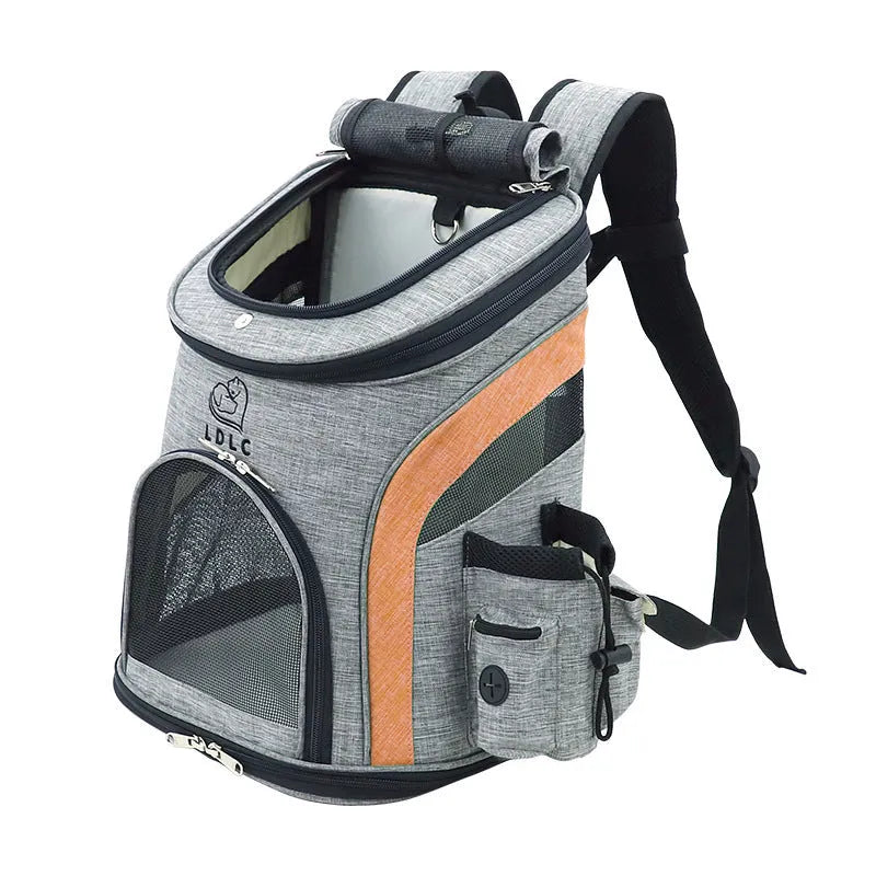Breathable pet backpack in gray, showing mesh ventilation panels and zippered entry, for cats and dogs up to 20 kg