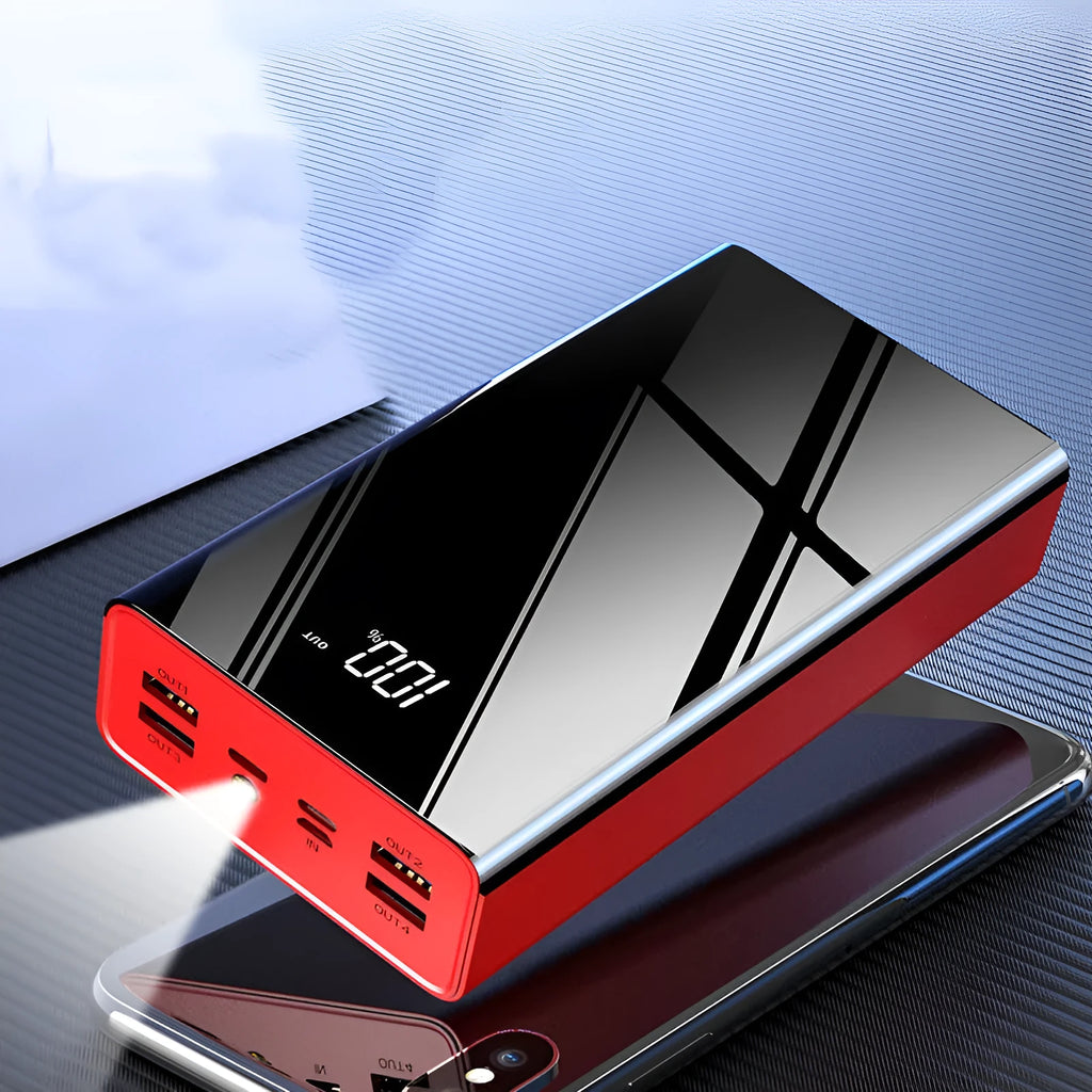 Large 40000mAh red power bank with LCD screen showing battery percentage.
