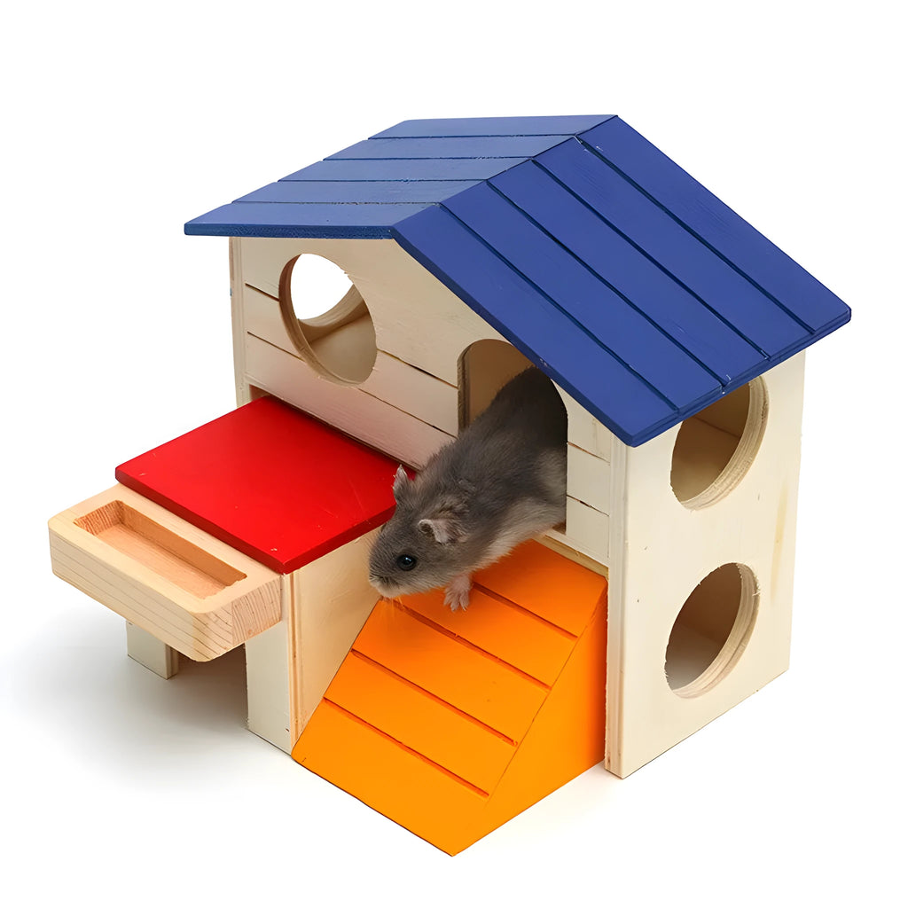 Wooden hamster toy blue top villa chalet 17x17x15cm small pet molar decompression hideout