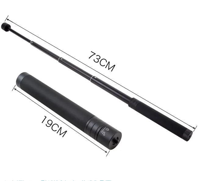 Black retractable selfie stick with handheld stabilizer grip extended for smartphone photography