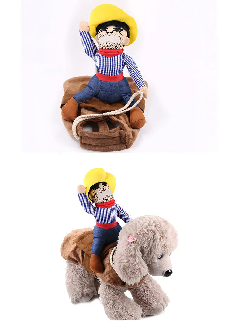 Santa Claus horseback riding pet costume in cloth, styles Brown, Christmas doll, Old man doll, sizes S to XL.