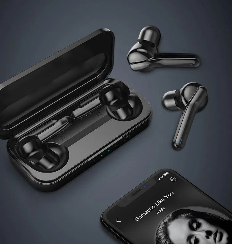 Black and white TWS true wireless earbuds with Bluetooth 5.0 and IPX5 waterproof rating