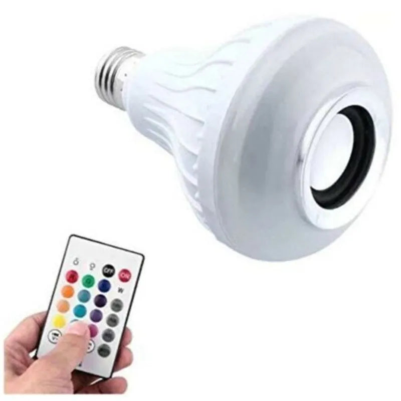 White Bluetooth LED smart bulb with E27 screw base showing colour-changing lighting effects