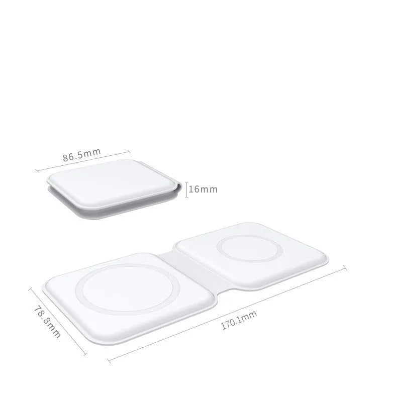 White foldable magnetic wireless charging dock in stand and flat modes