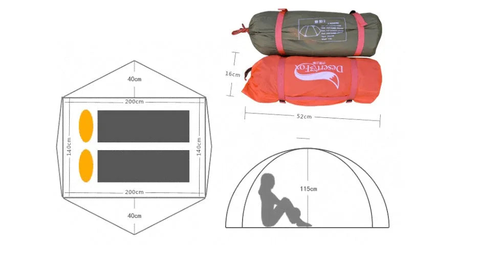 Outdoor camping double sun protection tent for 2 people in green with 210T polyester fabric and glass poles