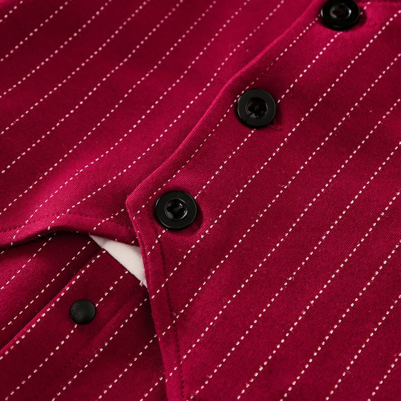 Wine red cotton baby boy romper one-piece suit with long sleeves and single-breasted closure.