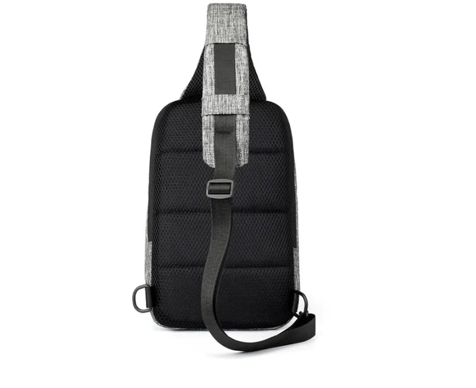 Oxford cloth waterproof chest bag showing front zipper opening and adjustable strap in dark blue colour