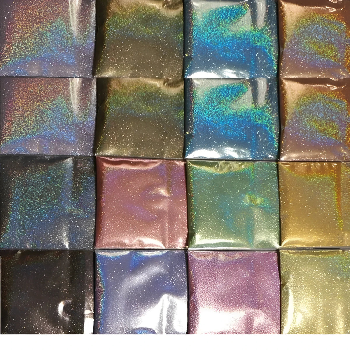 Nail glitter powder in 19 colours including gold, silver, blue, red, green and yellow for nail art and crafts