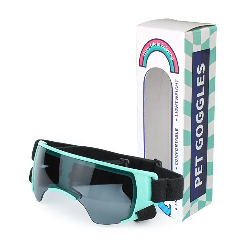 Dog UV-proof goggles with polycarbonate lenses and adjustable nylon ribbon strap in black colour