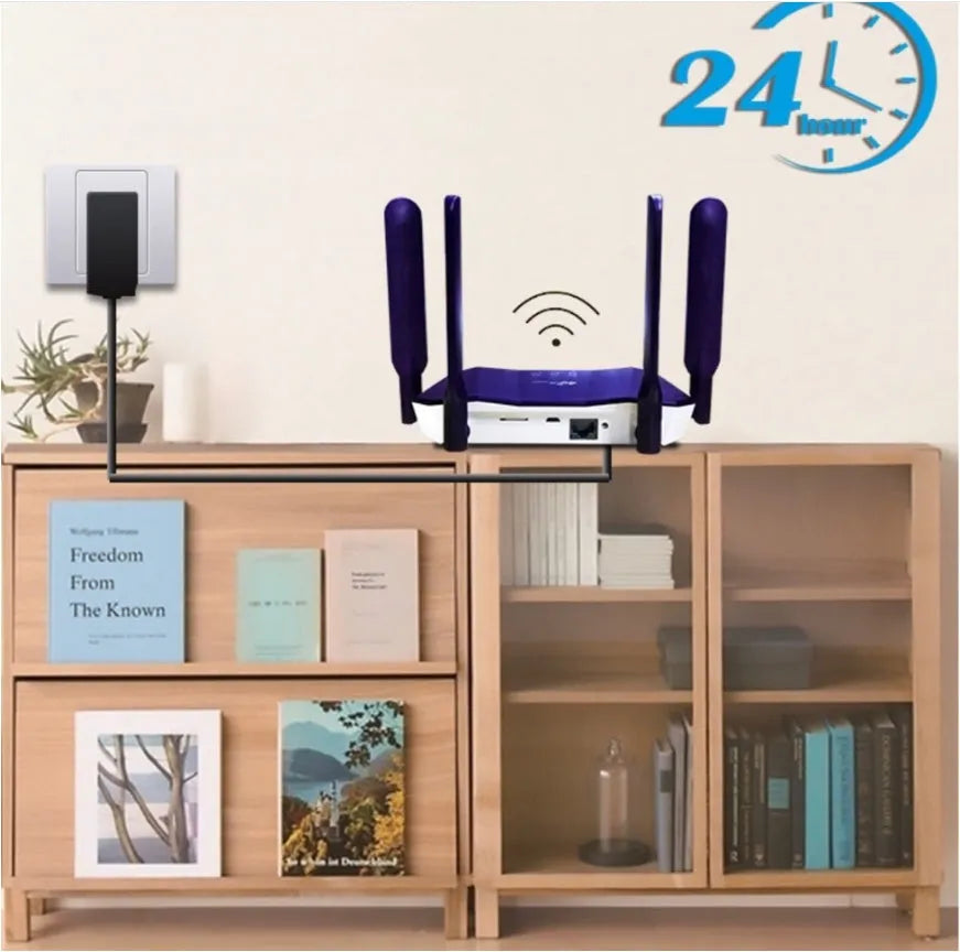 Blue 4G dual-mode wireless router with four extended antennas showing front panel with indicator lights
