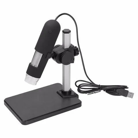 Black USB microscope camera with 1000X magnification, 8 LED lights, and adjustable focus