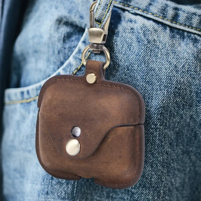 Brown leather AirPods Pro case with crazy horse pattern in clamshell vintage design
