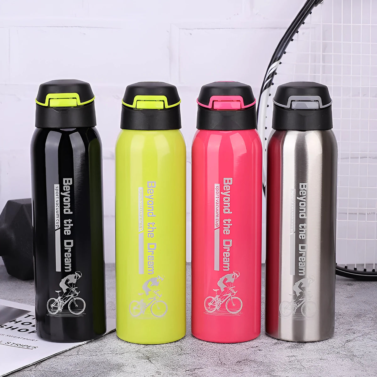 500ml double stainless steel bike water bottle, 24x6.6cm, in black, green, pink, or silver
