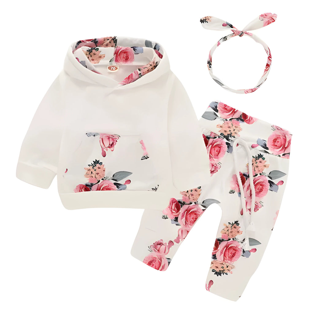 White hooded cotton sleep suit for baby girl with long sleeves and trousers