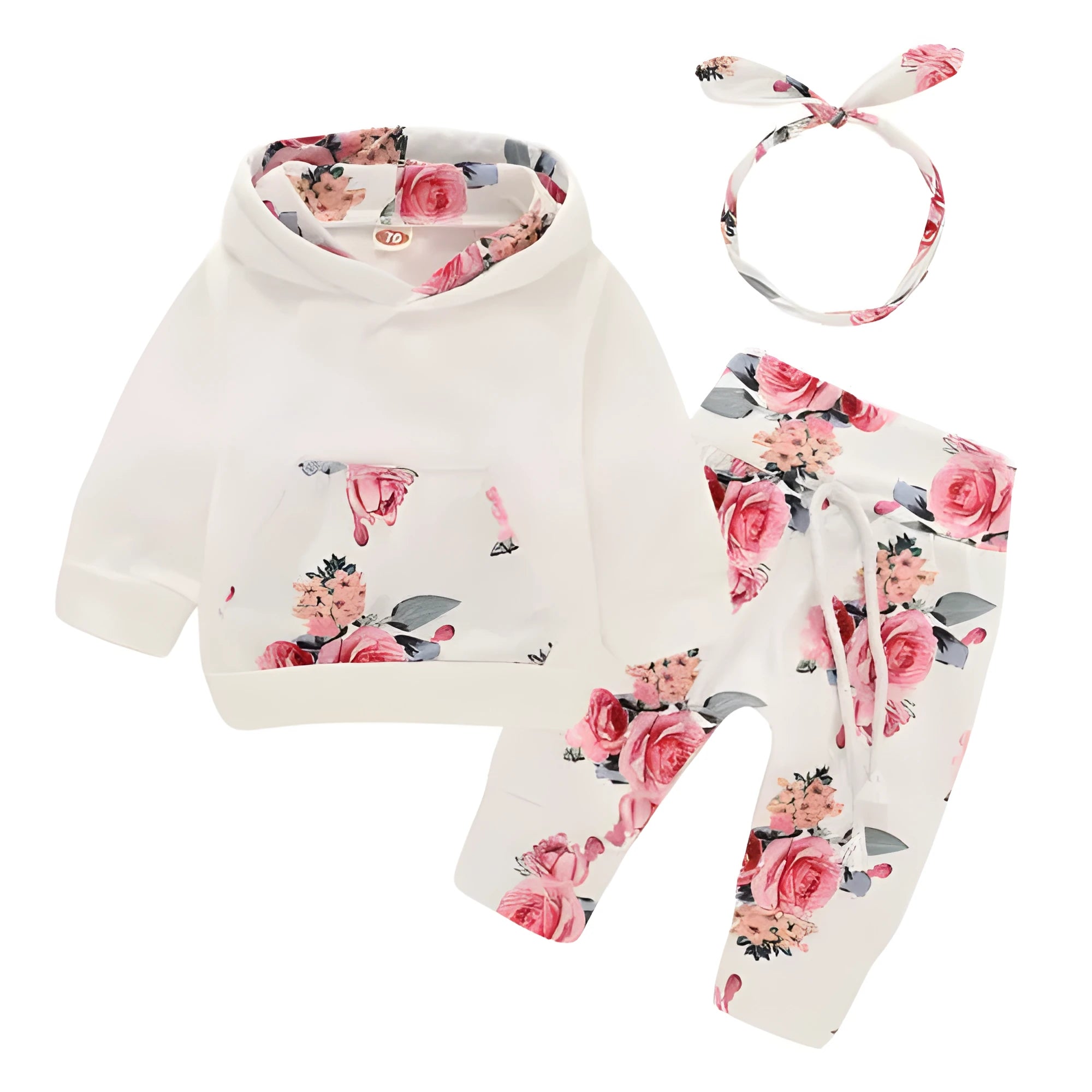 White hooded cotton sleep suit for baby girl with long sleeves and trousers