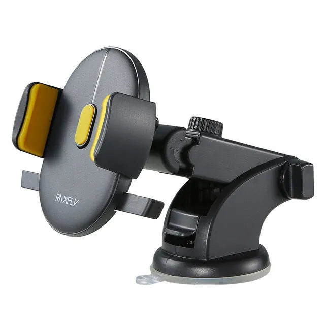 Yellow and black telescopic car phone holder with suction cup mount on a dashboard