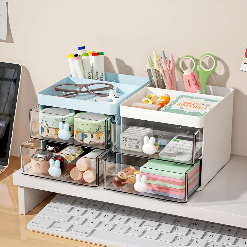 Transparent partitioned desktop storage box with grid drawers, PP plastic, 2L capacity