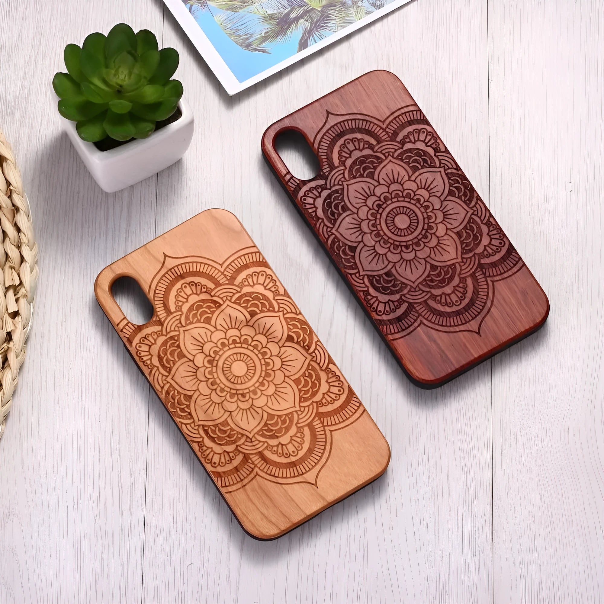 Mandala stick wood TPU phone case with laser-carved design for iPhone, brown finish