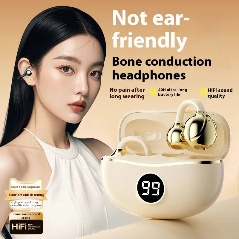 D151 Digital Display Bluetooth Headset Wireless Bone Conduction Non In-ear Sports Style in Apricot