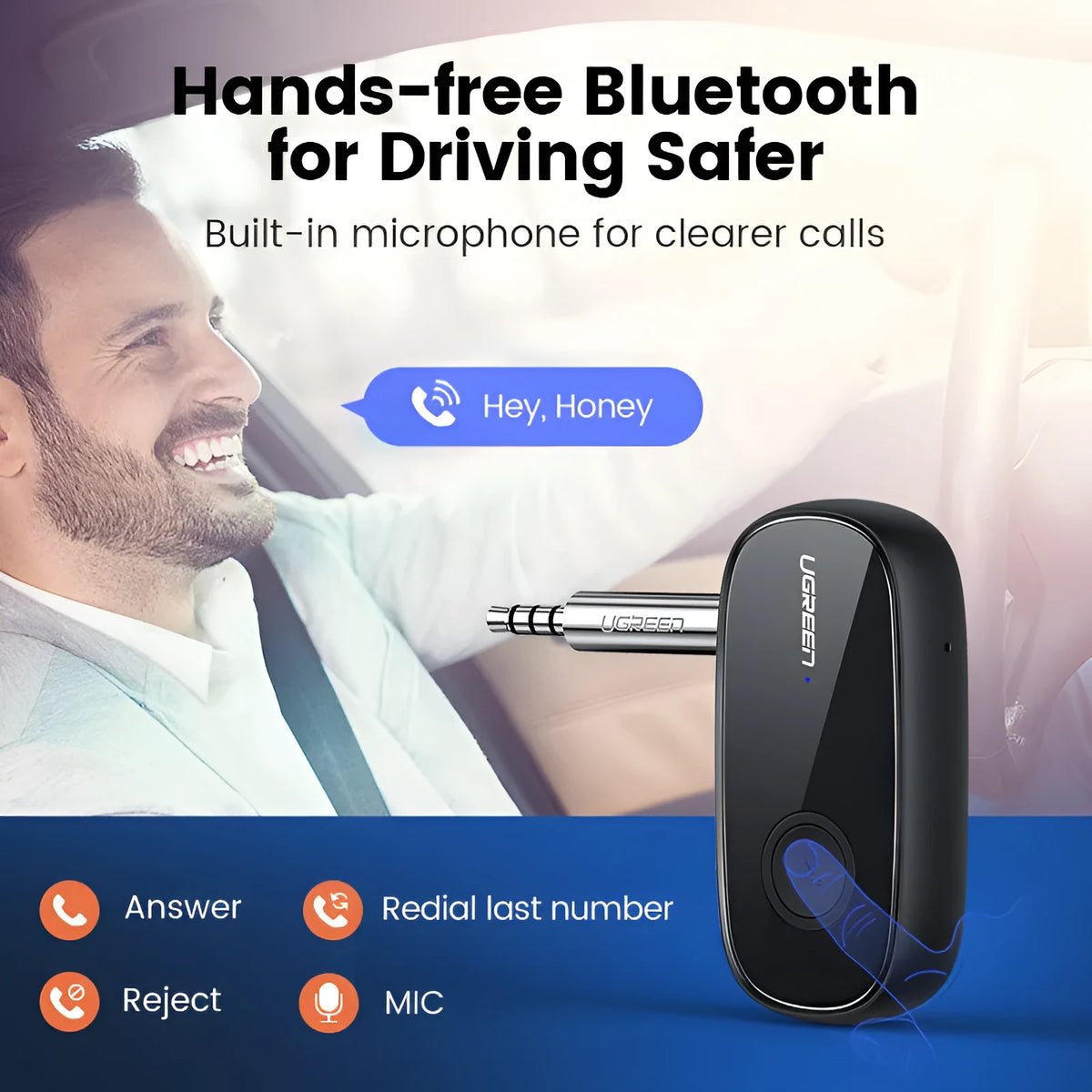 Car AUX Bluetooth receiver with 3.5mm audio output and USB cable for in-car wireless streaming
